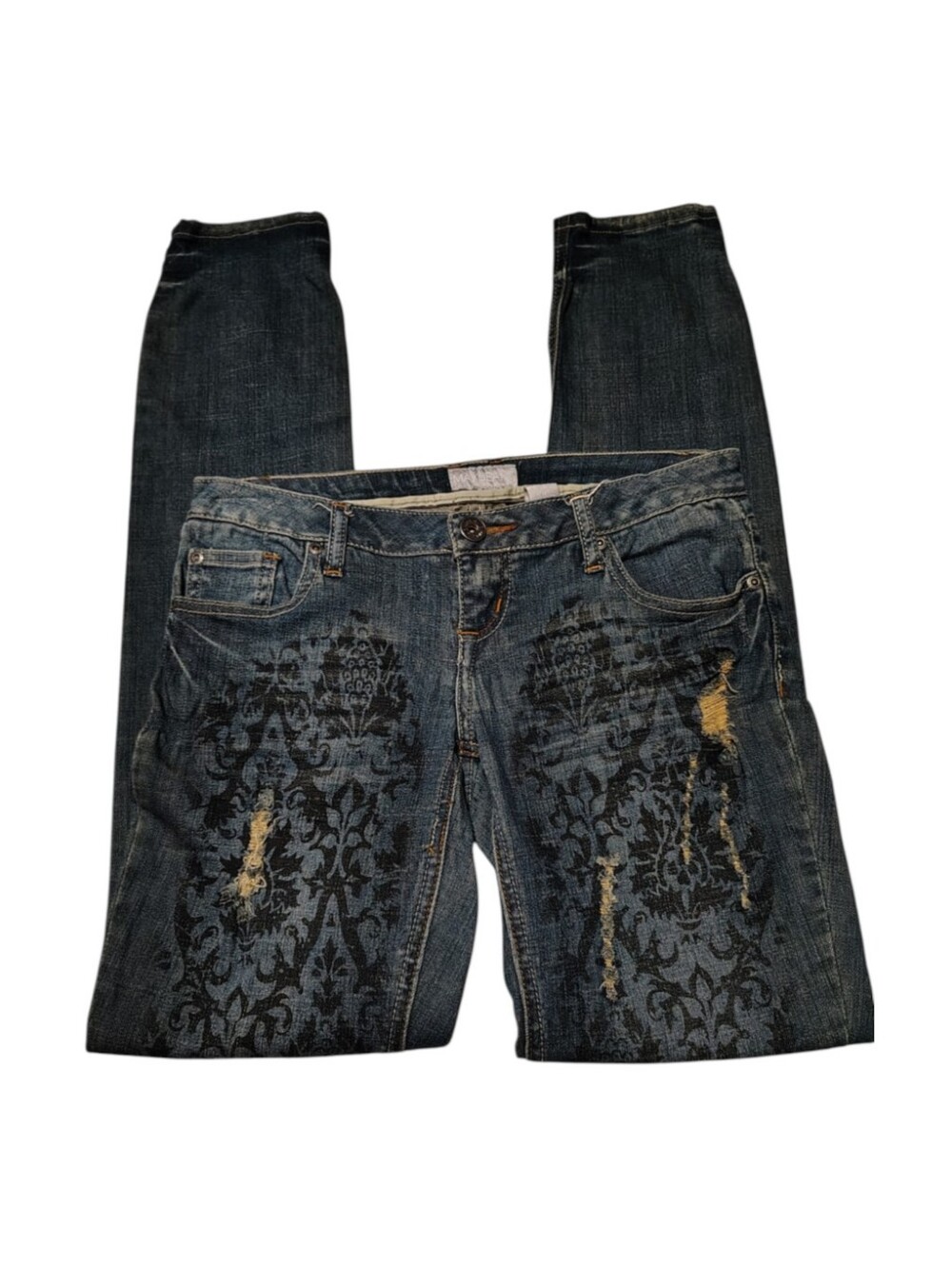 Max Jeans Blue Distressed Denim With Black Fleur De Leis Swirls Size 9 Juniors